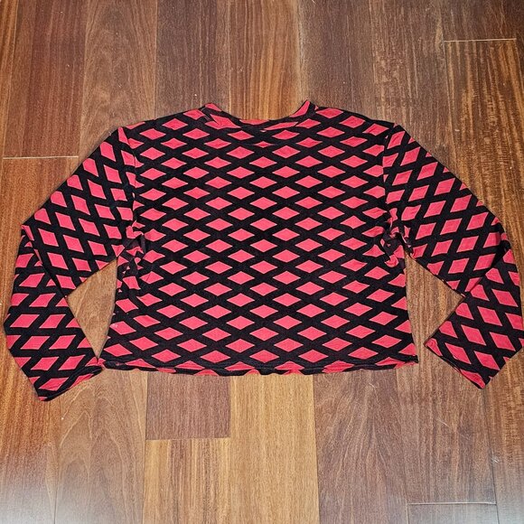 1X-2X Red & Black Long Sleeved Crop Mesh Velour Criss Cross Sheer Layering Top - Picture 5 of 9
